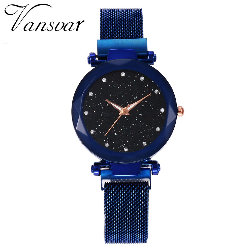 vansvar Quartz Stainless Steel Band Mesh Magnet Buckle Starry Sky Analog Wrist Watch relojes para hombre clock mechanism silent