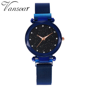 vansvar Quartz Stainless Steel Band Mesh Magnet Buckle Starry Sky Analog Wrist Watch relojes para hombre clock mechanism silent