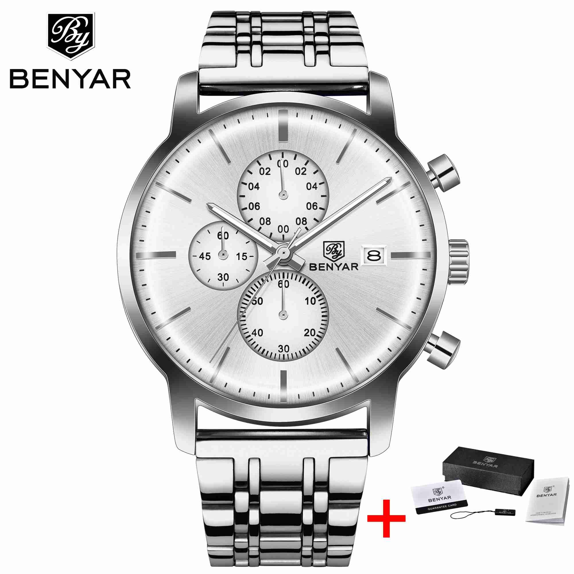 BENYAR Men Watch Stainless Steel Quartz Sport Watch Luxury Waterproof Male Chronograph Wrist Watch for Men Relogio Masculino
