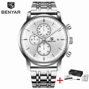 BENYAR Men Watch Stainless Steel Quartz Sport Watch Luxury Waterproof Male Chronograph Wrist Watch for Men Relogio Masculino