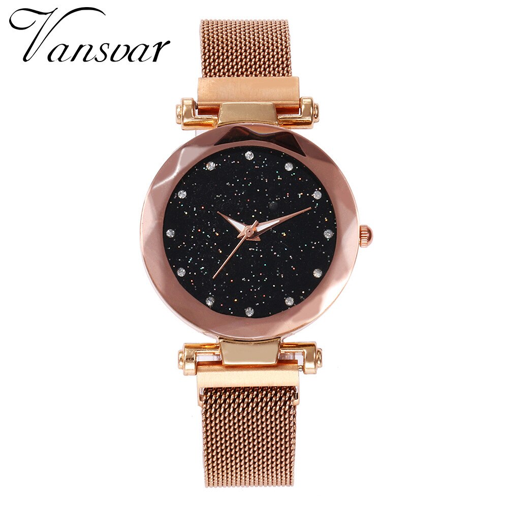 vansvar Quartz Stainless Steel Band Mesh Magnet Buckle Starry Sky Analog Wrist Watch relojes para hombre clock mechanism silent