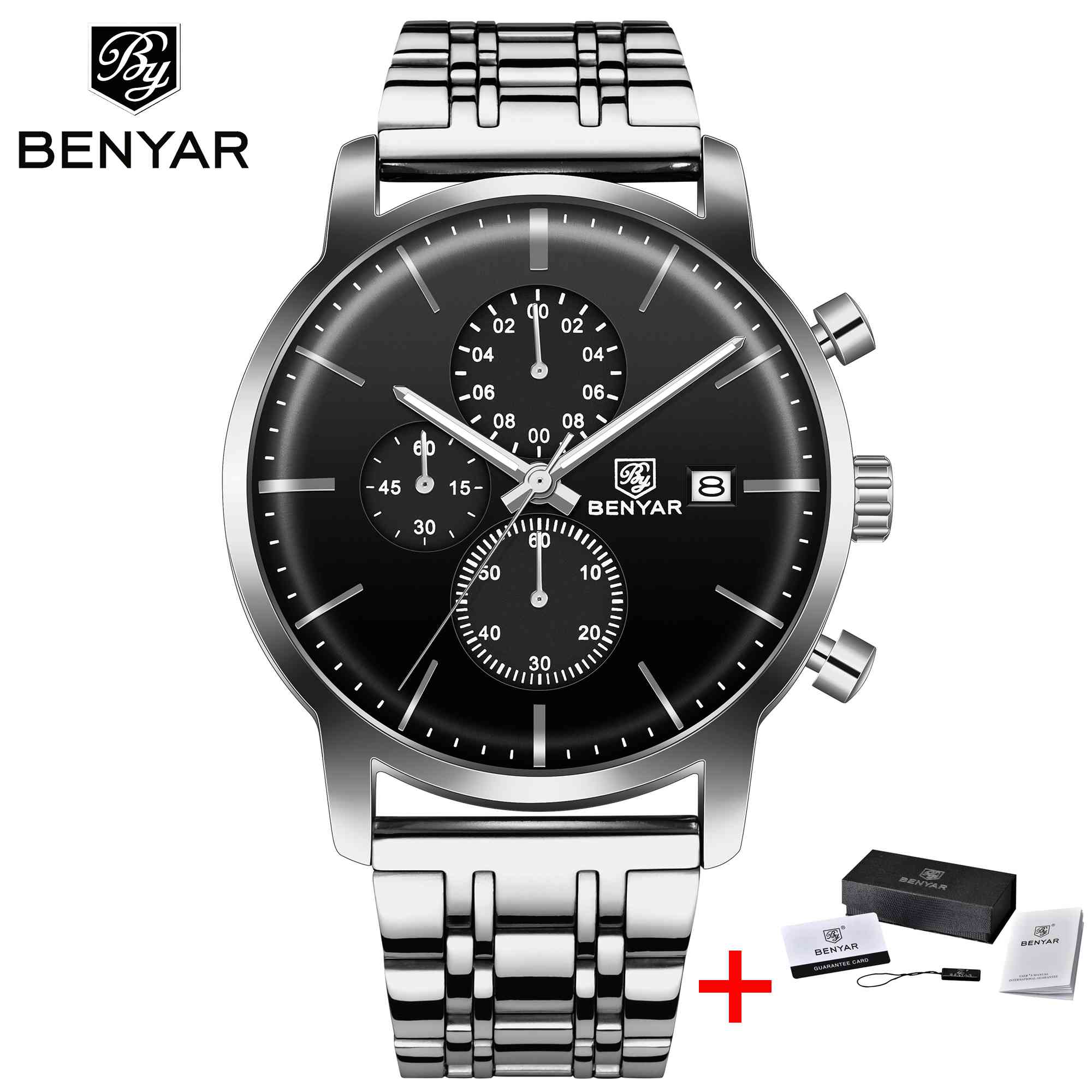 BENYAR Men Watch Stainless Steel Quartz Sport Watch Luxury Waterproof Male Chronograph Wrist Watch for Men Relogio Masculino