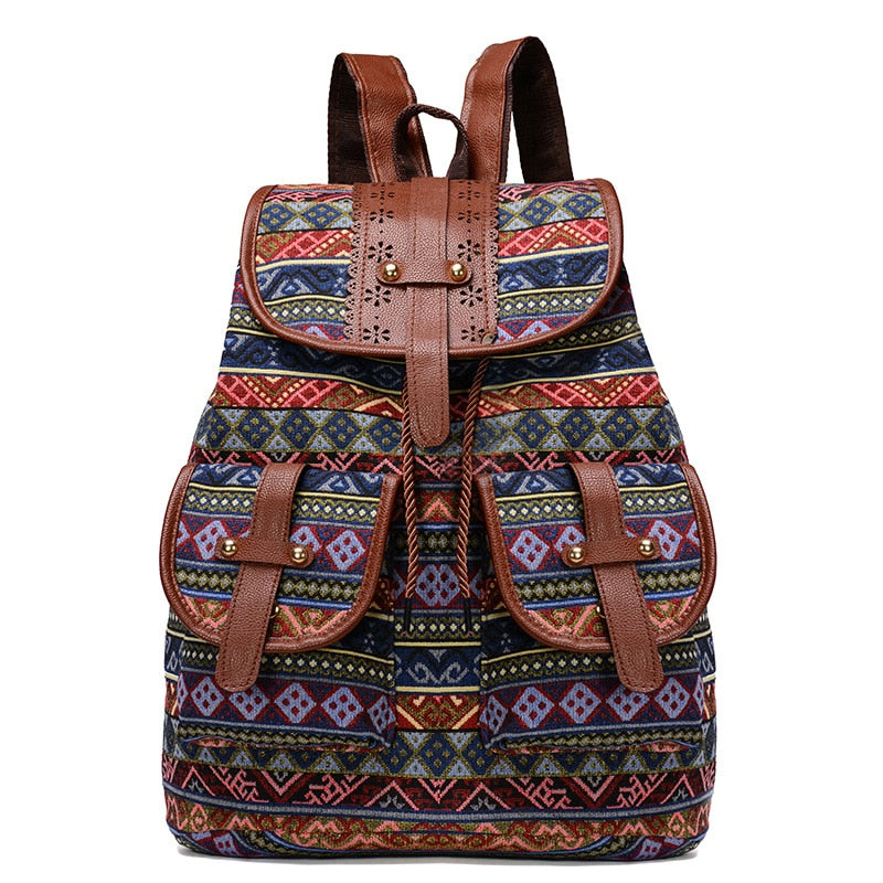 Vintage Women Girls School Bag Bohemian Drawstring Printing Designer Canvas Cloth Backpack Female Traveling Shoulder Bag