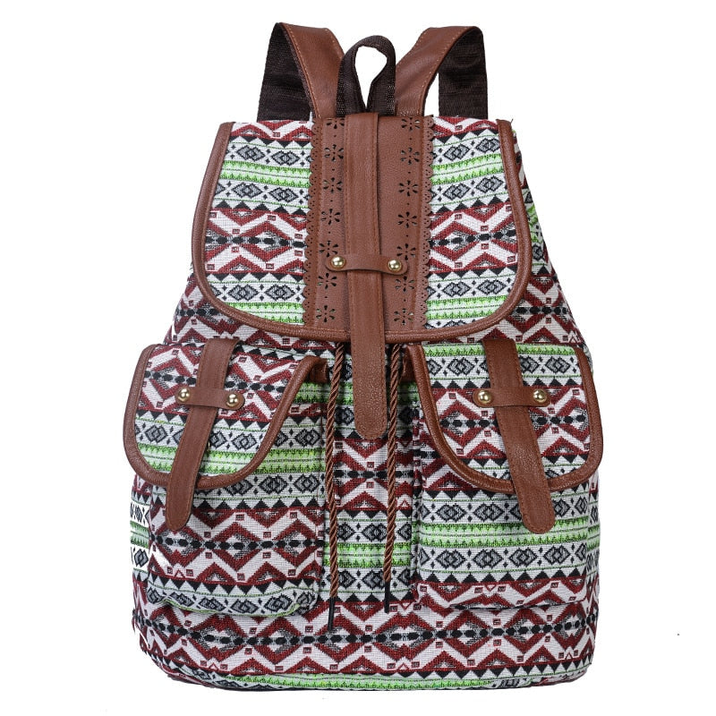 Vintage Women Girls School Bag Bohemian Drawstring Printing Designer Canvas Cloth Backpack Female Traveling Shoulder Bag