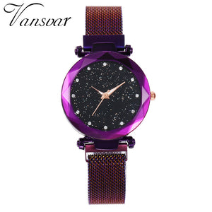 vansvar Quartz Stainless Steel Band Mesh Magnet Buckle Starry Sky Analog Wrist Watch relojes para hombre clock mechanism silent