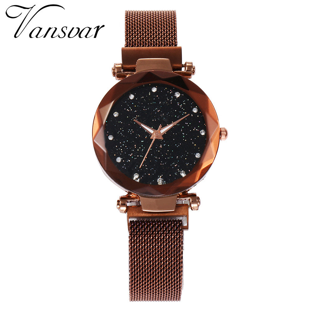 vansvar Quartz Stainless Steel Band Mesh Magnet Buckle Starry Sky Analog Wrist Watch relojes para hombre clock mechanism silent