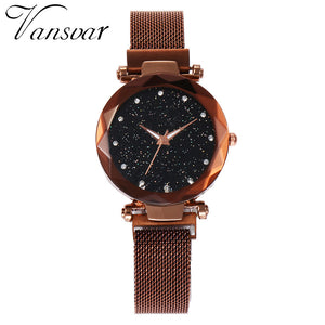 vansvar Quartz Stainless Steel Band Mesh Magnet Buckle Starry Sky Analog Wrist Watch relojes para hombre clock mechanism silent
