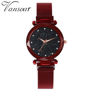 vansvar Quartz Stainless Steel Band Mesh Magnet Buckle Starry Sky Analog Wrist Watch relojes para hombre clock mechanism silent