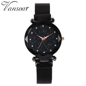 vansvar Quartz Stainless Steel Band Mesh Magnet Buckle Starry Sky Analog Wrist Watch relojes para hombre clock mechanism silent