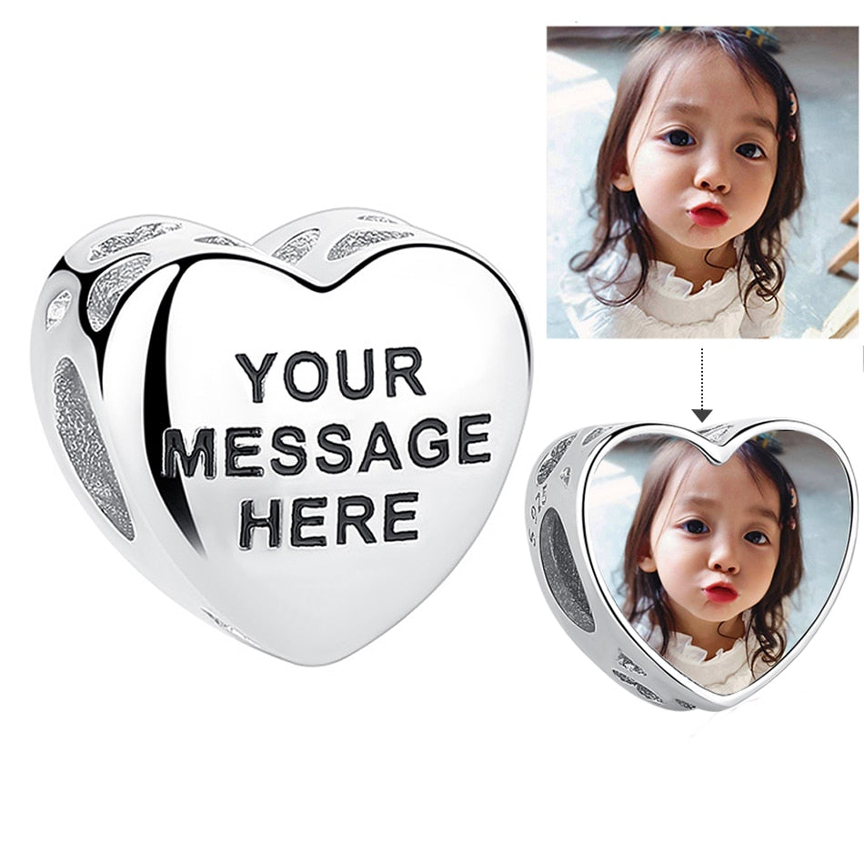 ELESHE Romantic Custom Photo Heart Charms fit Original Pandora Bracelet 925 Sterling Silver Beads DIY Original Jewelry Making