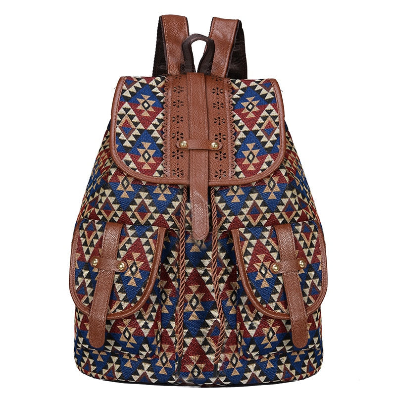 Vintage Women Girls School Bag Bohemian Drawstring Printing Designer Canvas Cloth Backpack Female Traveling Shoulder Bag