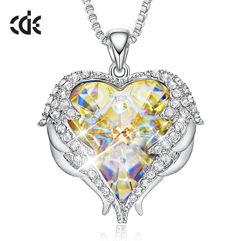 CDE Fashion Angel Wings Heart Shape Pendant Necklace with Amethyst Crystal for Women Fine Jewelry Valentine's Day Gifts