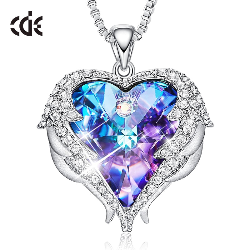 CDE Fashion Angel Wings Heart Shape Pendant Necklace with Amethyst Crystal for Women Fine Jewelry Valentine's Day Gifts