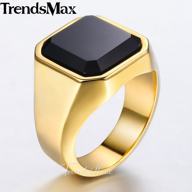 Men's Ring Rock Punk Smooth 316L Stainless Steel Black CZ Silver Gold Color Hip Hop Rings For Men Party Jewelry Wholesale KHRM63