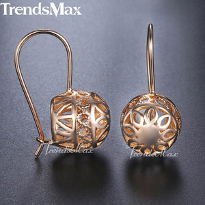 Hot Cut Out Ball Earrings For Women Girls 585 Rose Gold Woman Zircon Dangle Earrings Wedding Party Exquisite Jewelry GE66