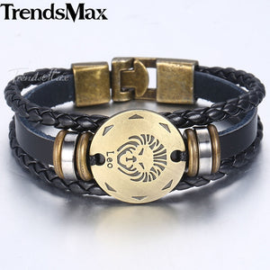 12 Zodiac Sign Horoscope Men's Leather Bracelet Vintage Retro Charm Wristband Male Jewelry Gifts for Men Leo Cancer Aries LBM136