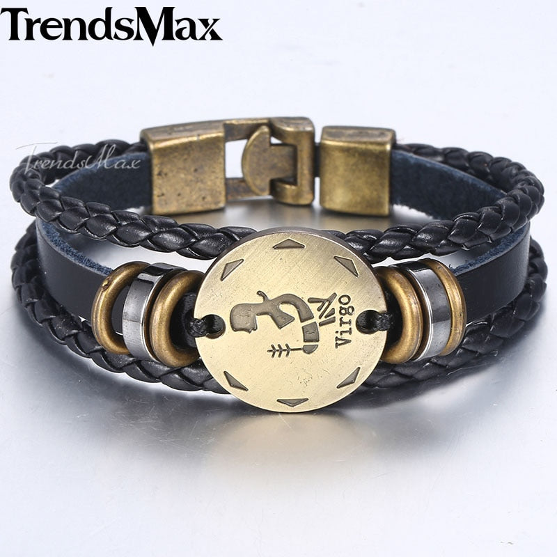 12 Zodiac Sign Horoscope Men's Leather Bracelet Vintage Retro Charm Wristband Male Jewelry Gifts for Men Leo Cancer Aries LBM136