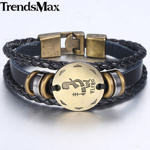 12 Zodiac Sign Horoscope Men's Leather Bracelet Vintage Retro Charm Wristband Male Jewelry Gifts for Men Leo Cancer Aries LBM136