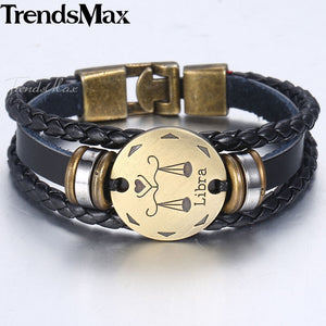 12 Zodiac Sign Horoscope Men's Leather Bracelet Vintage Retro Charm Wristband Male Jewelry Gifts for Men Leo Cancer Aries LBM136