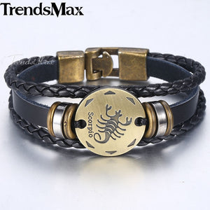 12 Zodiac Sign Horoscope Men's Leather Bracelet Vintage Retro Charm Wristband Male Jewelry Gifts for Men Leo Cancer Aries LBM136