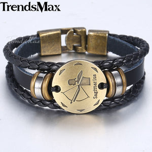 12 Zodiac Sign Horoscope Men's Leather Bracelet Vintage Retro Charm Wristband Male Jewelry Gifts for Men Leo Cancer Aries LBM136
