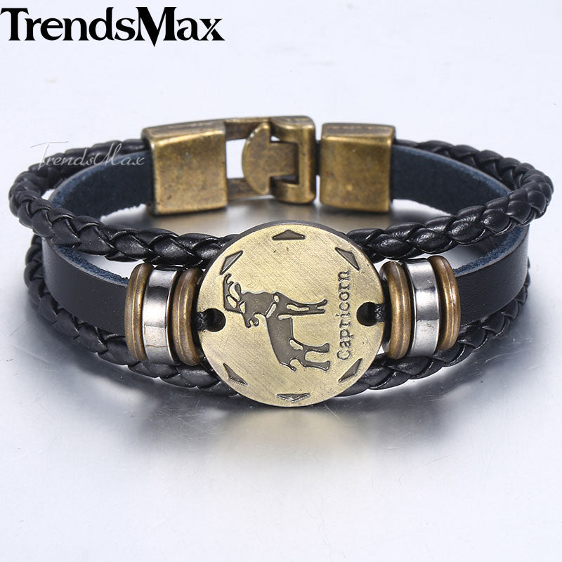 12 Zodiac Sign Horoscope Men's Leather Bracelet Vintage Retro Charm Wristband Male Jewelry Gifts for Men Leo Cancer Aries LBM136