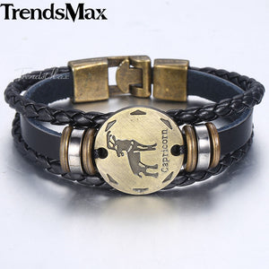 12 Zodiac Sign Horoscope Men's Leather Bracelet Vintage Retro Charm Wristband Male Jewelry Gifts for Men Leo Cancer Aries LBM136