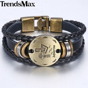 12 Zodiac Sign Horoscope Men's Leather Bracelet Vintage Retro Charm Wristband Male Jewelry Gifts for Men Leo Cancer Aries LBM136