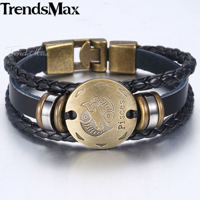 12 Zodiac Sign Horoscope Men's Leather Bracelet Vintage Retro Charm Wristband Male Jewelry Gifts for Men Leo Cancer Aries LBM136