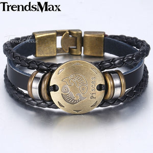 12 Zodiac Sign Horoscope Men's Leather Bracelet Vintage Retro Charm Wristband Male Jewelry Gifts for Men Leo Cancer Aries LBM136