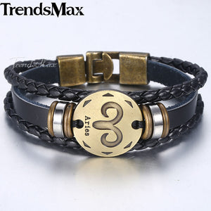 12 Zodiac Sign Horoscope Men's Leather Bracelet Vintage Retro Charm Wristband Male Jewelry Gifts for Men Leo Cancer Aries LBM136