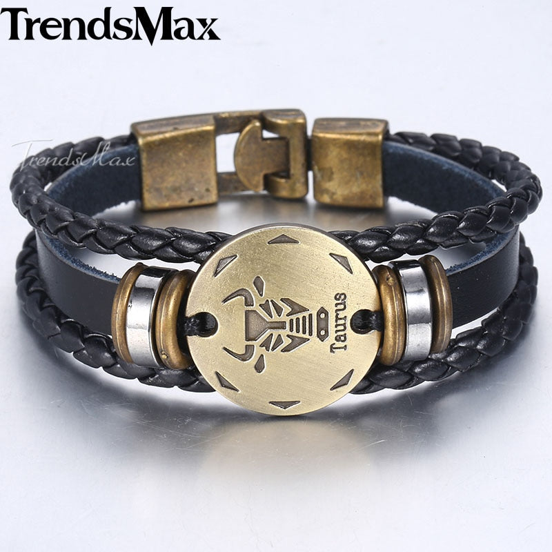 12 Zodiac Sign Horoscope Men's Leather Bracelet Vintage Retro Charm Wristband Male Jewelry Gifts for Men Leo Cancer Aries LBM136