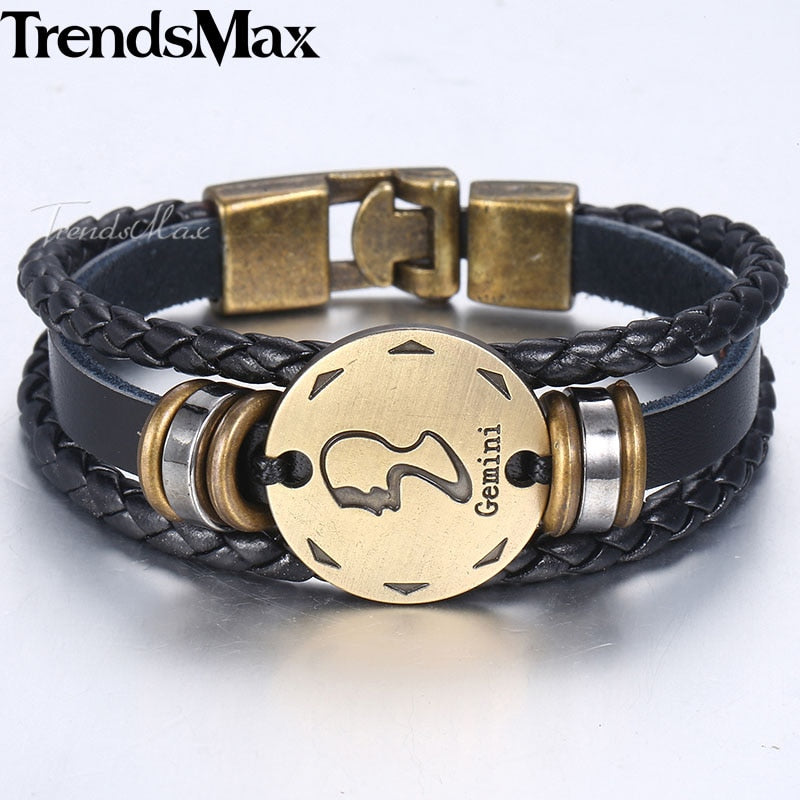 12 Zodiac Sign Horoscope Men's Leather Bracelet Vintage Retro Charm Wristband Male Jewelry Gifts for Men Leo Cancer Aries LBM136