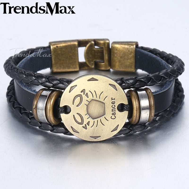 12 Zodiac Sign Horoscope Men's Leather Bracelet Vintage Retro Charm Wristband Male Jewelry Gifts for Men Leo Cancer Aries LBM136