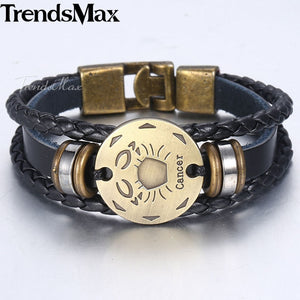 12 Zodiac Sign Horoscope Men's Leather Bracelet Vintage Retro Charm Wristband Male Jewelry Gifts for Men Leo Cancer Aries LBM136