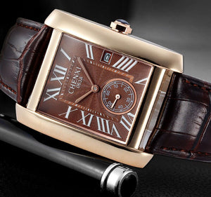 Luxury Brand CHENXI Square Men Watches Unique Design Rose Gold Calendar Stop Watch Genuine Leather Quartz Business Watch for Man