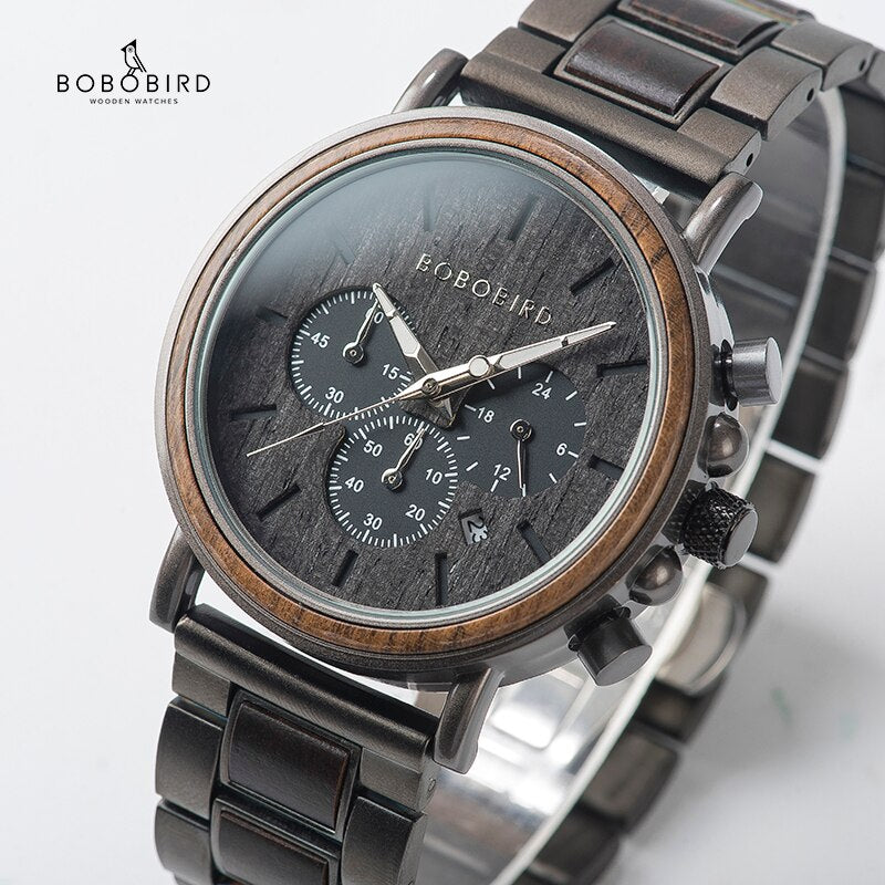 BOBO BIRD Business Men Watch Metal Wood Wristwatch Chronograph Date Display with Gift Box relogio masculino U-Q26