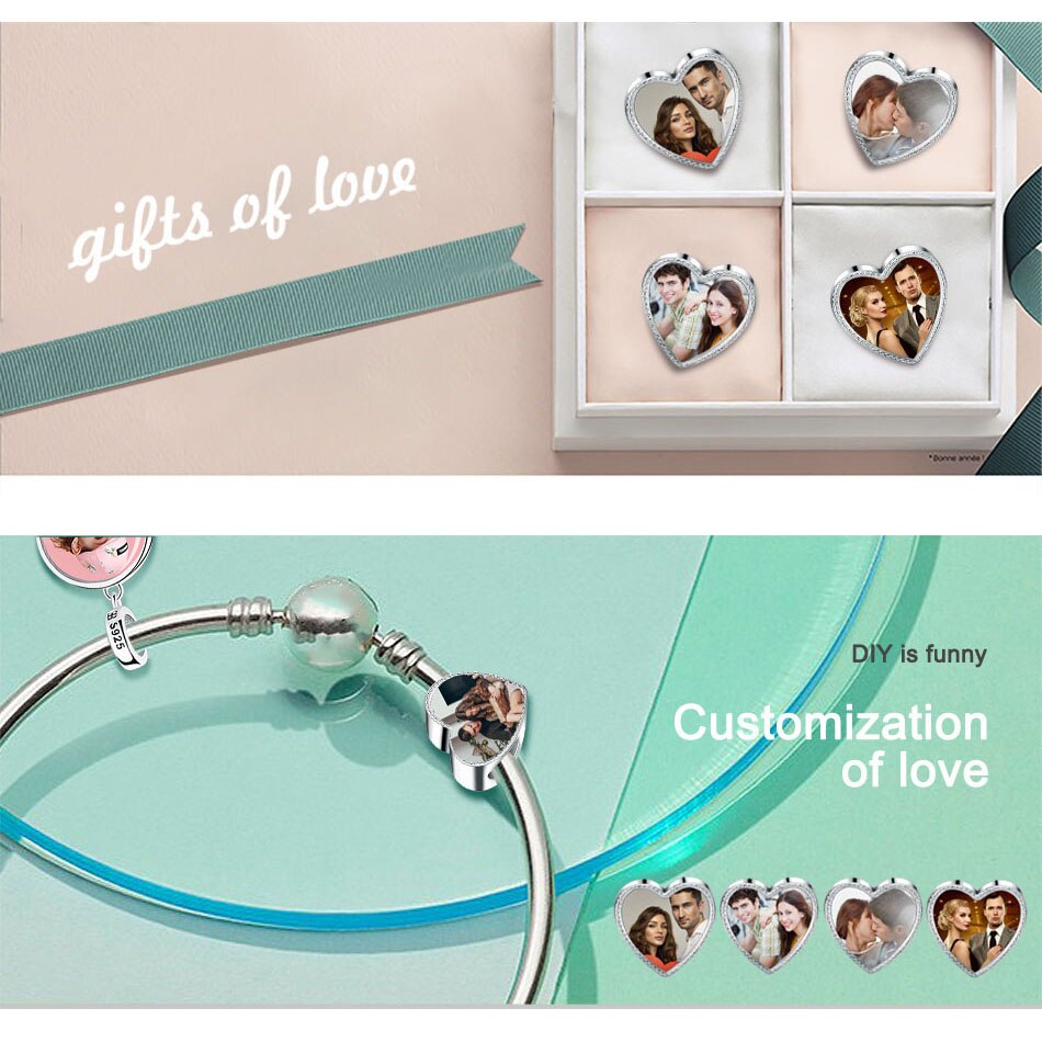 ELESHE Romantic Custom Photo Heart Charms fit Original Pandora Bracelet 925 Sterling Silver Beads DIY Original Jewelry Making