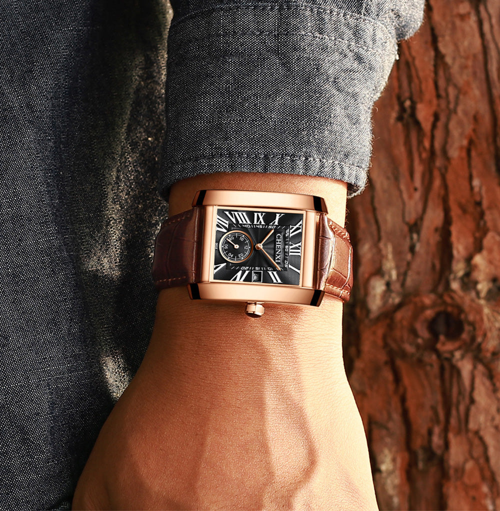 Luxury Brand CHENXI Square Men Watches Unique Design Rose Gold Calendar Stop Watch Genuine Leather Quartz Business Watch for Man