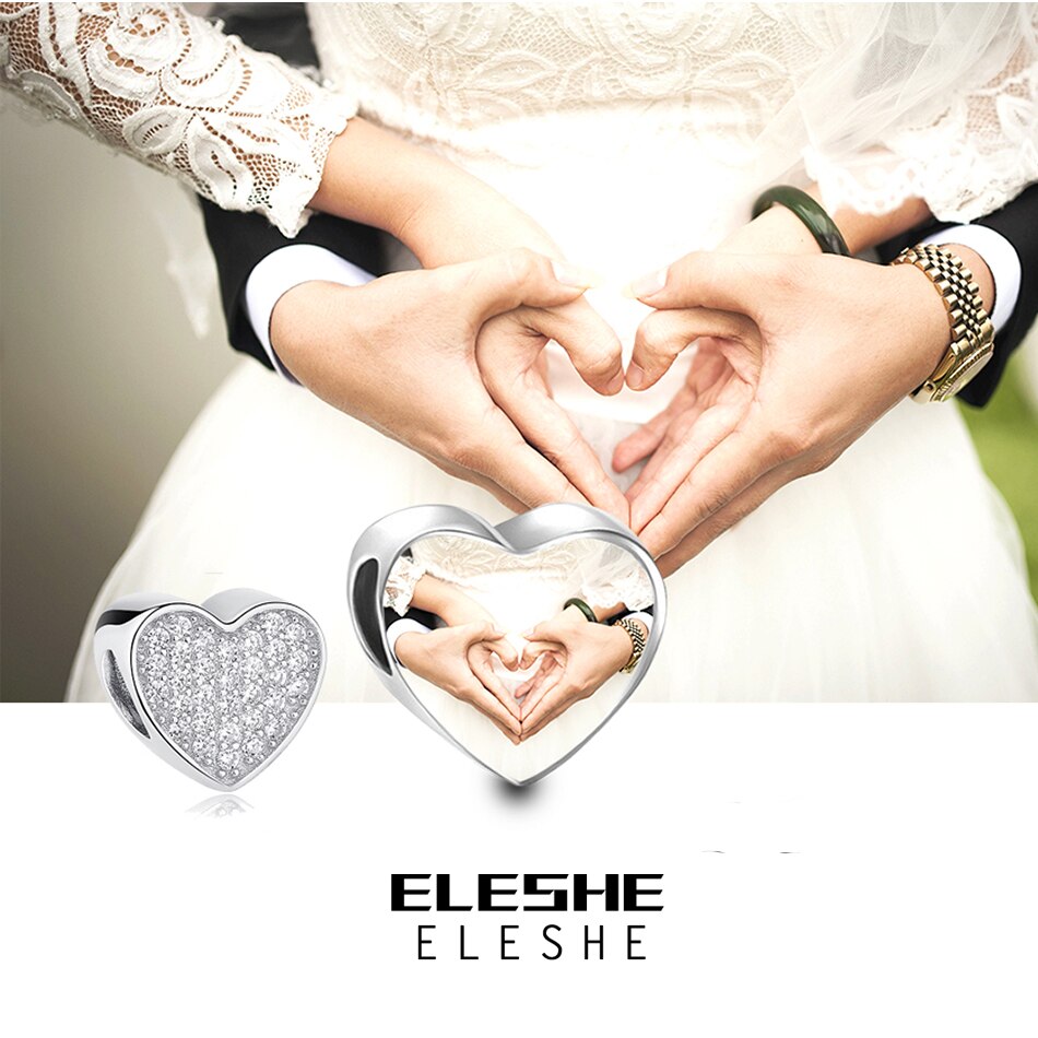 ELESHE Romantic Custom Photo Heart Charms fit Original Pandora Bracelet 925 Sterling Silver Beads DIY Original Jewelry Making
