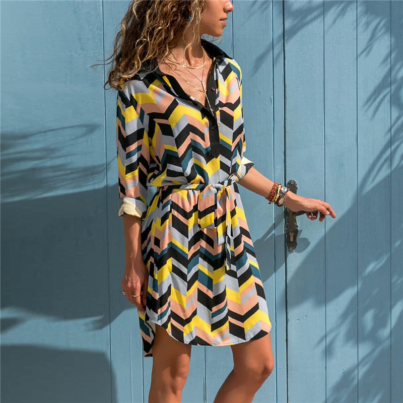 Long Sleeve Shirt Dress 2019 Summer Boho Beach Dresses Women Casual Striped Print A-line Mini Party Dress Vestidos