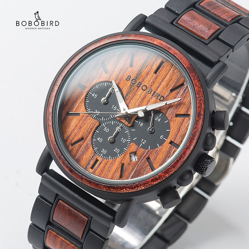 BOBO BIRD Business Men Watch Metal Wood Wristwatch Chronograph Date Display with Gift Box relogio masculino U-Q26