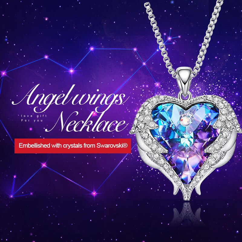 CDE Fashion Angel Wings Heart Shape Pendant Necklace with Amethyst Crystal for Women Fine Jewelry Valentine's Day Gifts