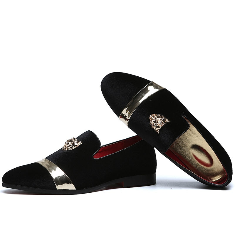 New Fashion Gold Top et Metal Toe Men Velvet Dress chaussures italiennes mens chaussures habillées Mocassins à la main