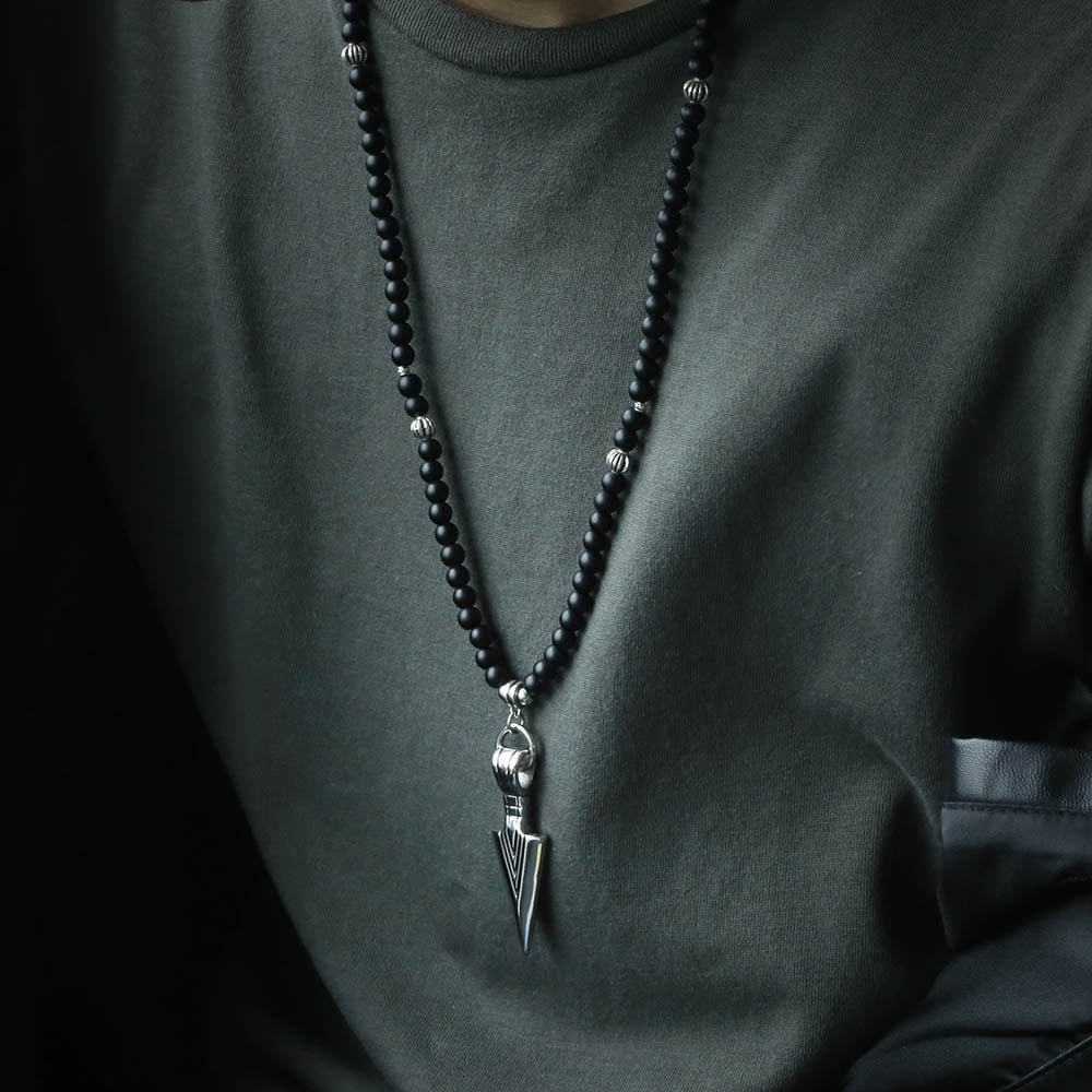Unique Men's Necklace Silver Stainless Steel Arrow Pendant Matte Black Glass Beaded Necklace Male Jewelry Dropshipping DNM07