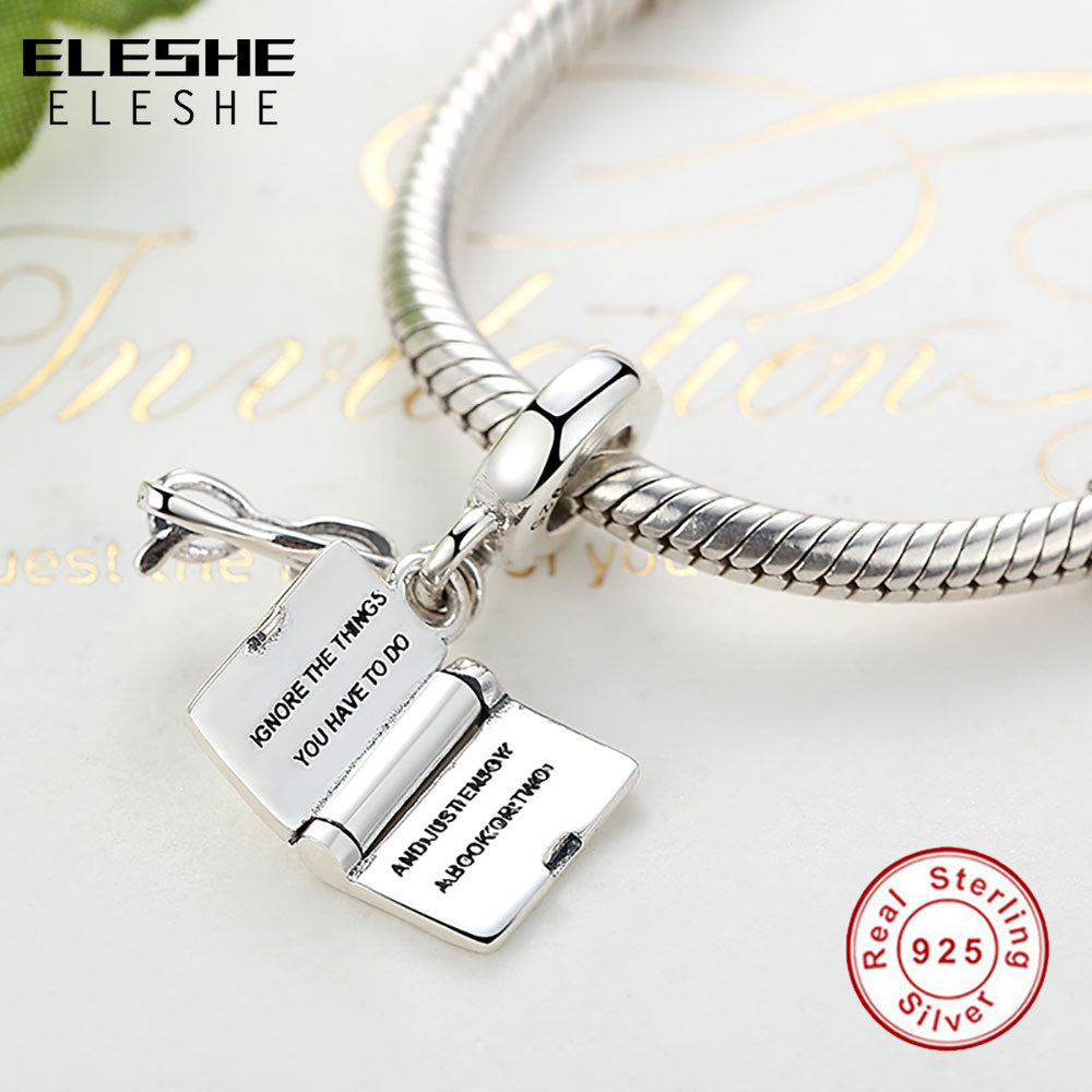 ELESHE Original 925 Sterling Silver Charms Fit Pandora Charm Bracelets Fashion Jewelry DIY I LOVE READING Book Charm Beads