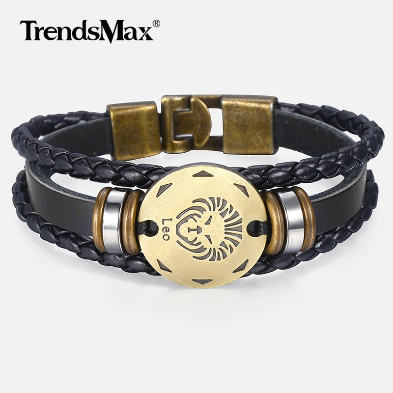 12 Zodiac Sign Horoscope Men's Leather Bracelet Vintage Retro Charm Wristband Male Jewelry Gifts for Men Leo Cancer Aries LBM136