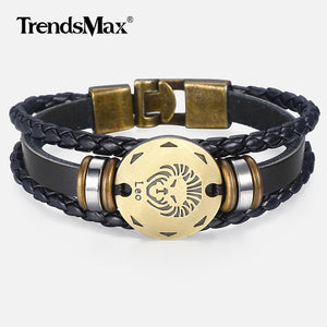 12 Zodiac Sign Horoscope Men's Leather Bracelet Vintage Retro Charm Wristband Male Jewelry Gifts for Men Leo Cancer Aries LBM136