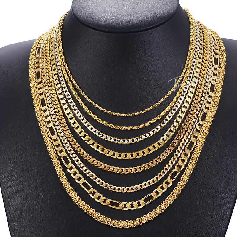 Necklace For Women Men Gold Filled Figaro Rope Snake Curb Cuban Link Chain Mens Womens Fashion Jewelry 18-24" GNN2