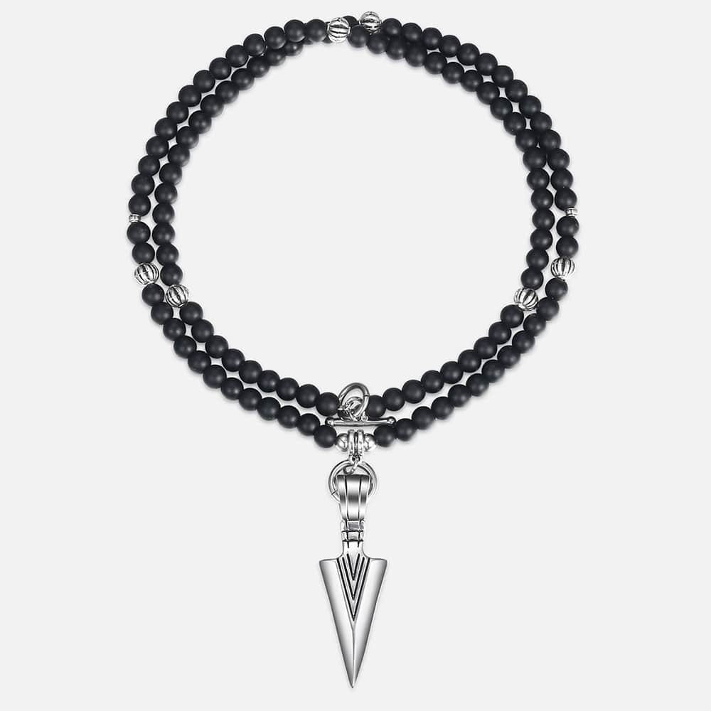 Unique Men's Necklace Silver Stainless Steel Arrow Pendant Matte Black Glass Beaded Necklace Male Jewelry Dropshipping DNM07